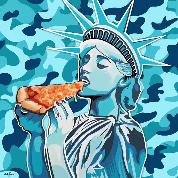 Pop Culture: Liberty Pizza Only Blue Camo Square by Hybrid Life Art