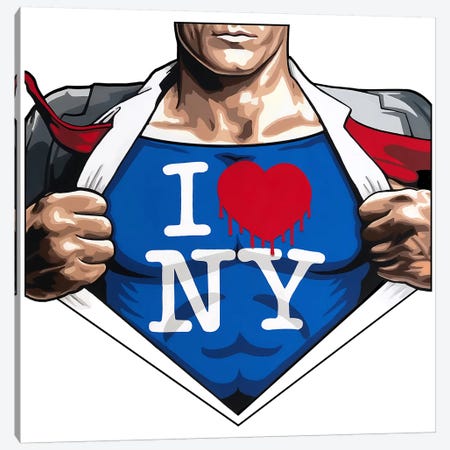 Superheros Love NY White Back Canvas Print #HYL29} by Hybrid Life Art Art Print