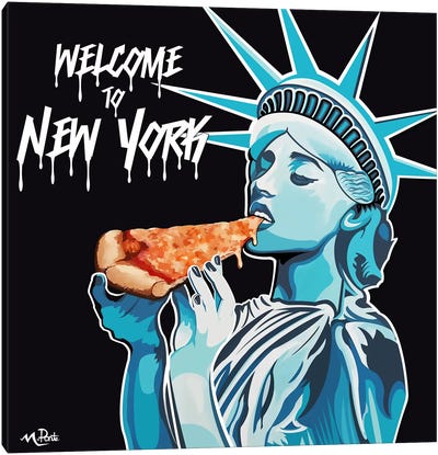 Welcome To NY - Liberty Pizza Black Square Canvas Art Print - Hybrid Life Art
