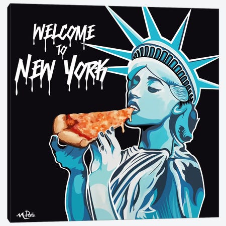 Welcome To NY - Liberty Pizza Black Square Canvas Print #HYL33} by Hybrid Life Art Canvas Art