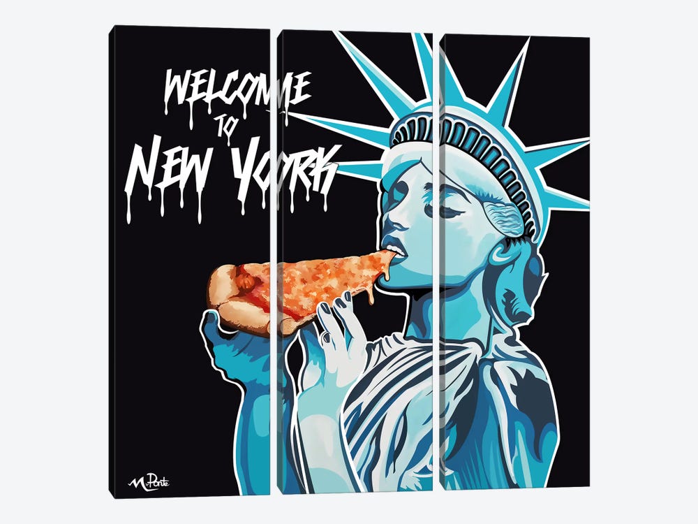 Welcome To NY - Liberty Pizza Black Square by Hybrid Life Art 3-piece Canvas Art Print