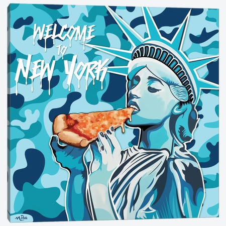Welcome To NY - Liberty Pizza Blue Camo Square Canvas Print #HYL34} by Hybrid Life Art Art Print