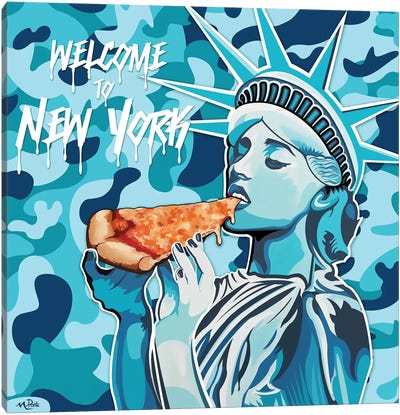 Welcome To NY - Liberty Pizza Blue Camo Square Canvas Art Print - Hybrid Life Art