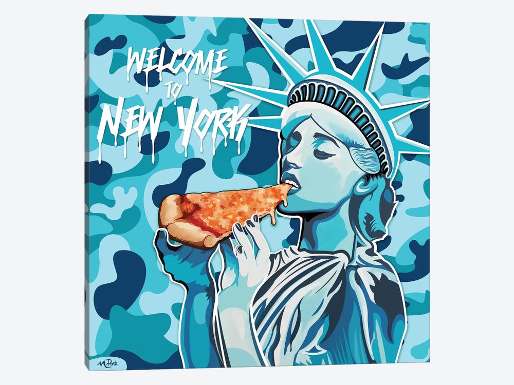 Welcome To NY - Liberty Pizza Blue Camo Square by Hybrid Life Art 1-piece Canvas Wall Art