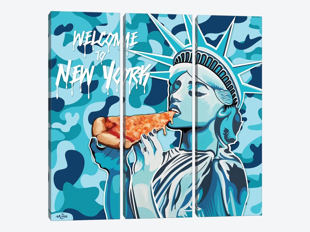 Welcome To NY - Liberty Pizza Blue Camo Square by Hybrid Life Art 3-piece Canvas Art