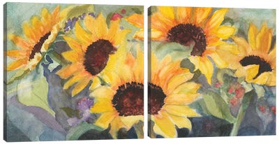 Sunflowers In Watercolor Diptych Canvas Art Print - Sunflower Art