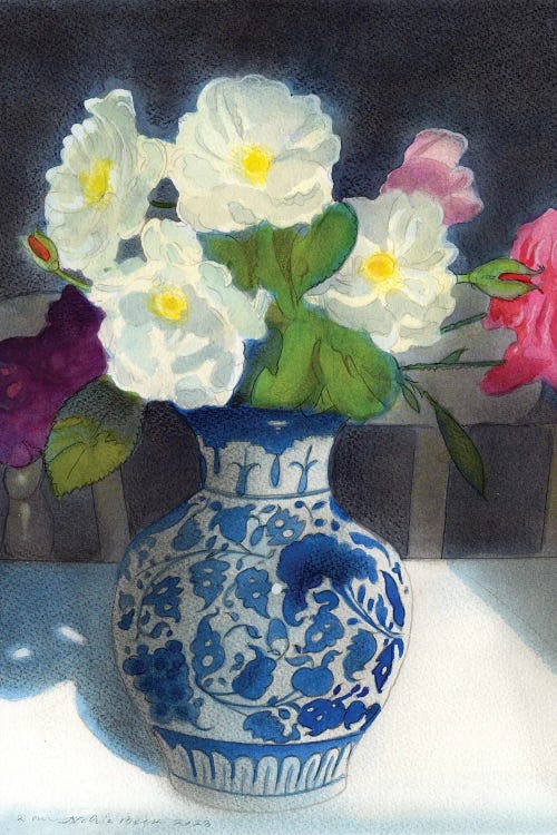 Roses In A Blue And White Vase II