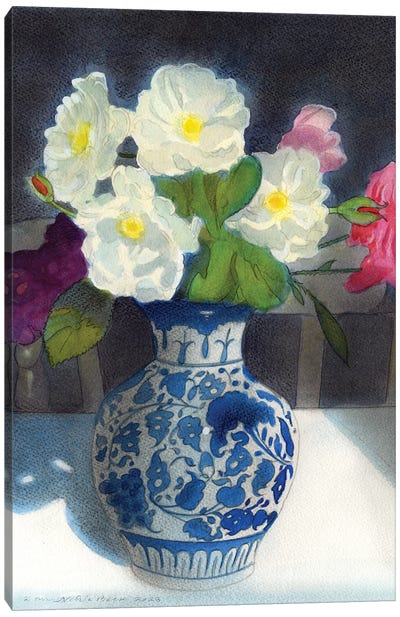 Roses In A Blue And White Vase II Canvas Art Print - Ian Beck