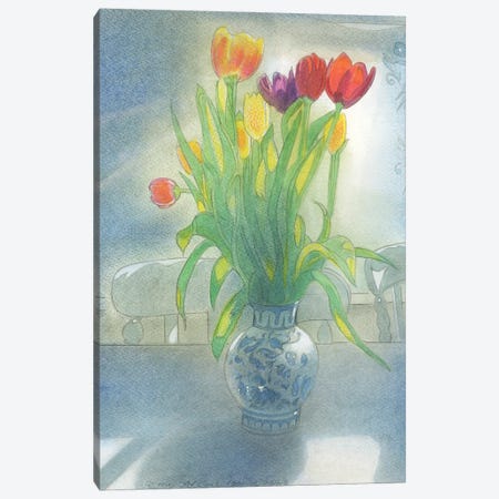 Tulips And Curtain 2023 Canvas Print #IBK63} by Ian Beck Canvas Artwork