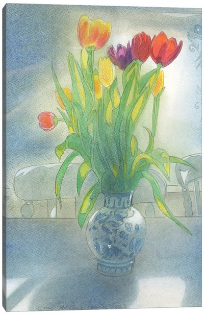 Tulips And Curtain 2023 Canvas Art Print - Ombres et Lumières