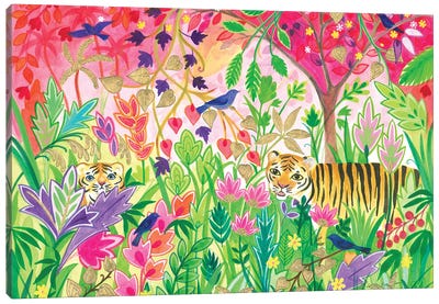 Tigers In The Flowered Jungle Canvas Art Print - Grass Art