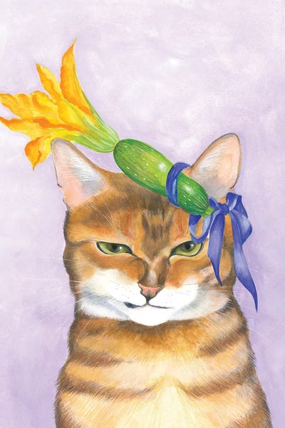 Isabelle Brent - Canvas Prints: Jasper Cat And Courgette Hat by Isabelle Brent
