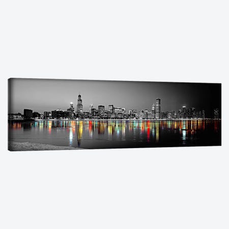 Skyline at Night with Color Pop Lake Michigan Reflection, Chicago, Cook County, Illinois, USA Canvas Print #ICA1183} by Panoramic Images Canvas Wall Art