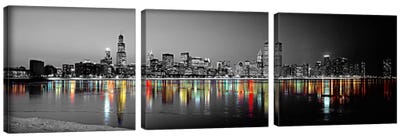 Skyline at Night with Color Pop Lake Michigan Reflection, Chicago, Cook County, Illinois, USA Canvas Art Print - 3-Piece Urban Art