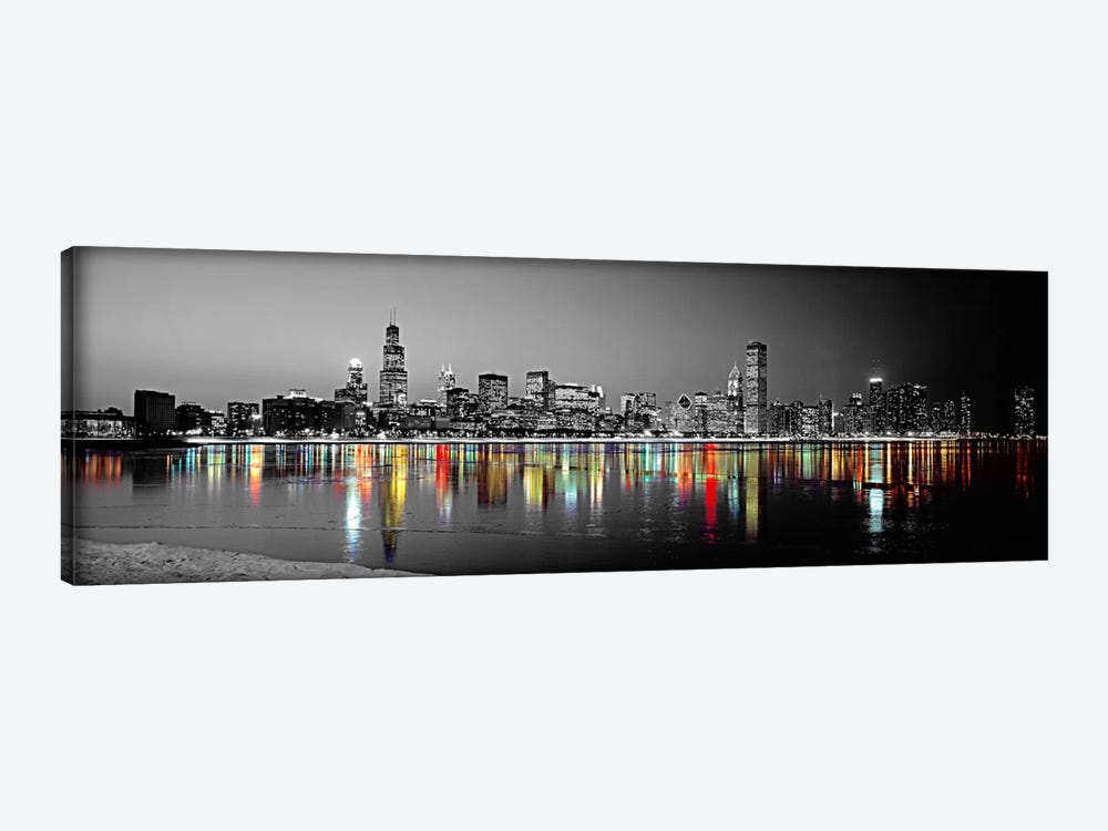 Skyline at Night with Color Pop Lake Michigan Reflection, Chicago, Cook County, Illinois, USA by Panoramic Images 1-piece Canvas Print
