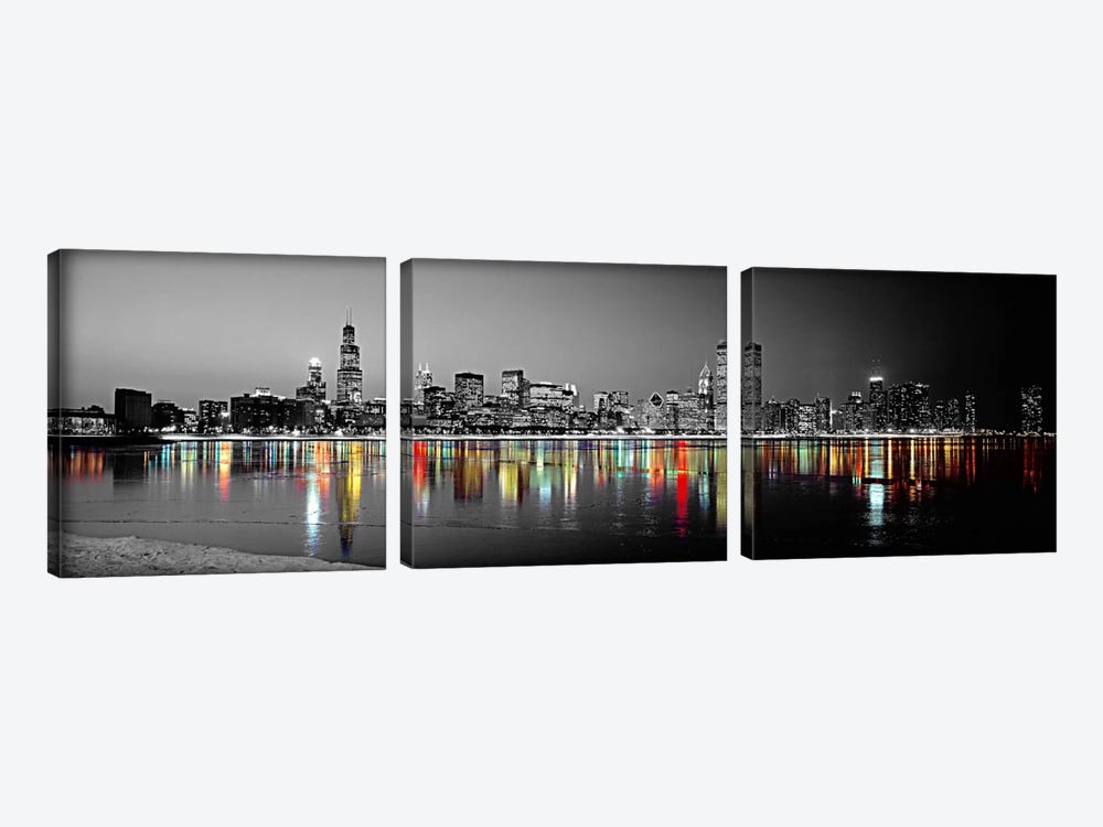 Skyline at Night with Color Pop Lake Michigan Reflection, Chicago, Cook County, Illinois, USA by Panoramic Images 3-piece Art Print