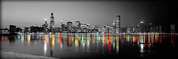 Panoramic Images: Skyline at Night with Color Pop Lake Michigan Reflection, Chicago, Cook County, Illinois, USA by Panoramic Images