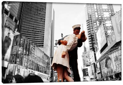 Sculpture in a city, V J Day, World War Memorial II, Times Square, Manhattan, New York City, New York State, USA Color Pop Canvas Art Print - Navy Art