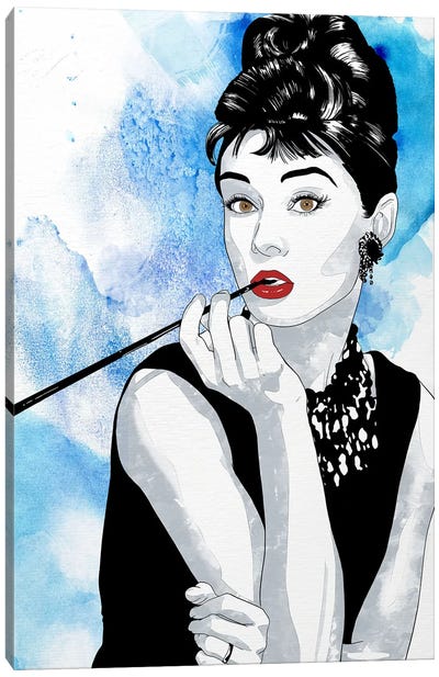 Audrey Watercolor Color Pop Canvas Art Print - Black, White & Blue Art