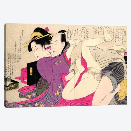 Geisha In A Long-Sleeved Kimono With Her Lover Canvas Print #ICA1291} by Kitagawa Utamaro Canvas Artwork