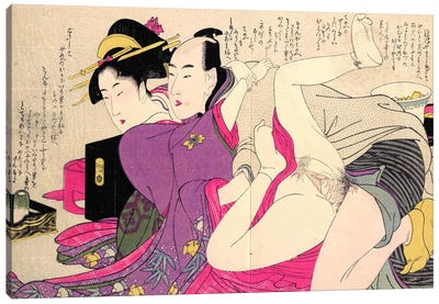 Geisha In A Long-Sleeved Kimono With Her Lover Canvas Art Print - Shunga Art