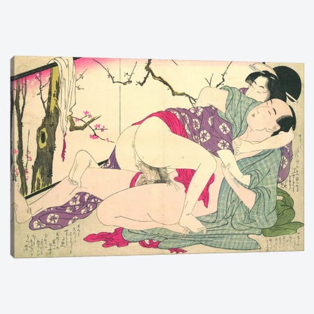 Bare Couple Next To A Room Screen Canvas Print #ICA1299} by Kitagawa Utamaro Canvas Artwork