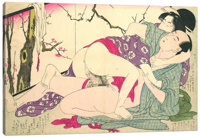Bare Couple Next To A Room Screen Canvas Art Print - Vintage Erotica Collection