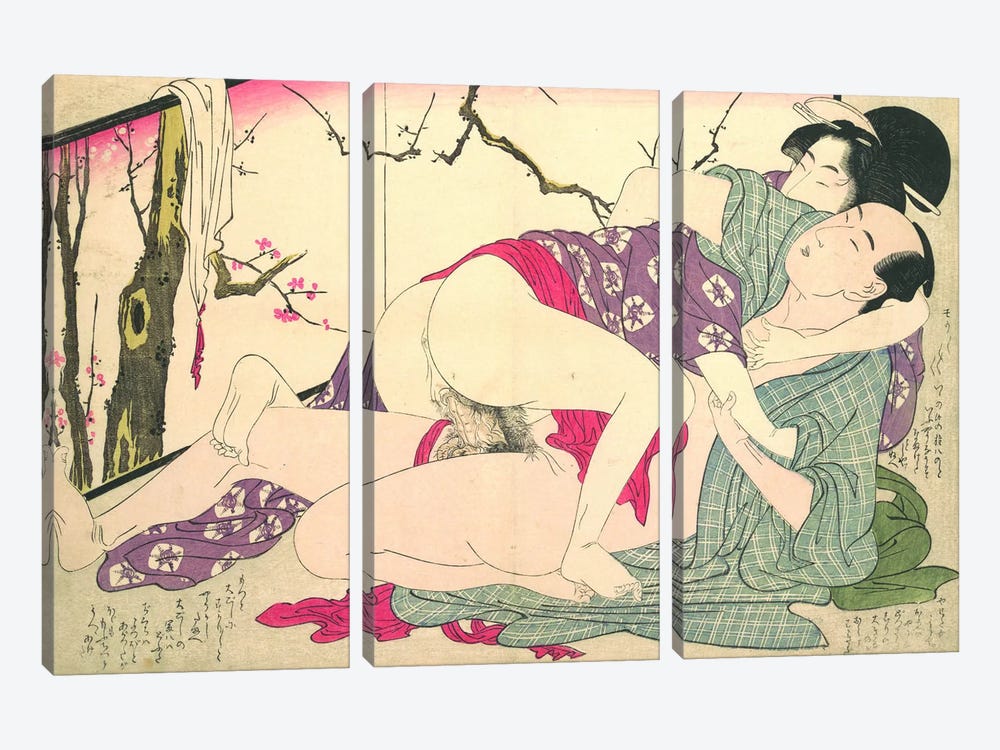 Bare Couple Next To A Room Screen by Kitagawa Utamaro 3-piece Canvas Artwork