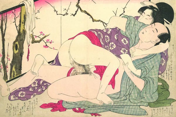 Ukiyo-e: Bare Couple Next To A Room Screen by Kitagawa Utamaro