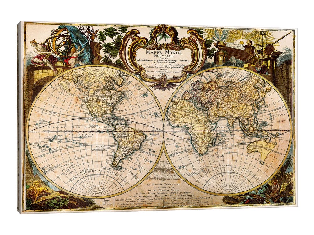 Framed Canvas Art - Mappe Monde Nouvelle by Unknown Artist ( Maps > Antique Maps > Antique World Maps art) - 26x40 in