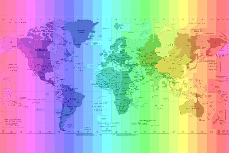 Rainbow Earth Time Zone Map by 5by5collective wall art