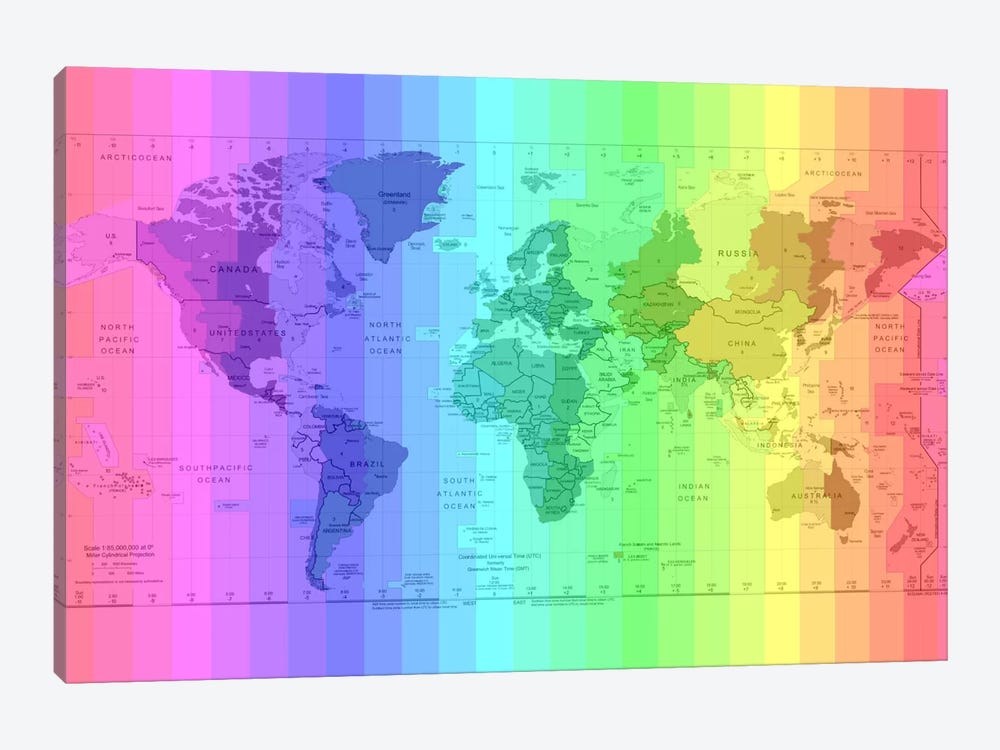 Rainbow Earth Time Zone Map by 5by5collective 1-piece Canvas Artwork