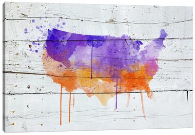 US Wooden Water Color Map Canvas Art Print - Watercolor Terrain 