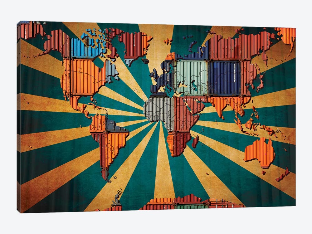 Rising Sun Tile World Map by 5by5collective 1-piece Canvas Artwork