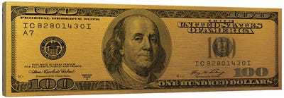 Hundred Dollar Bill - Gold Canvas Art Print - Benjamin Franklin