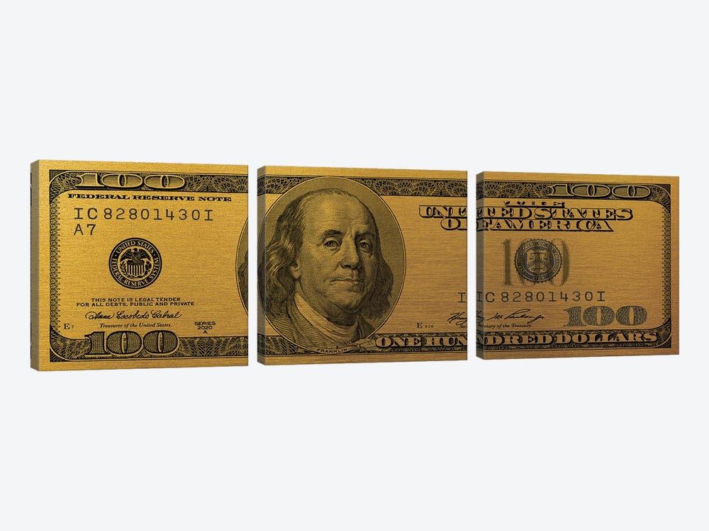 Hundred Dollar Bill - Gold 3-piece Canvas Artwork