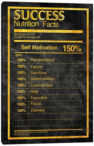 Nutrition Facts Success - Gold Canvas Art Print - Motivational