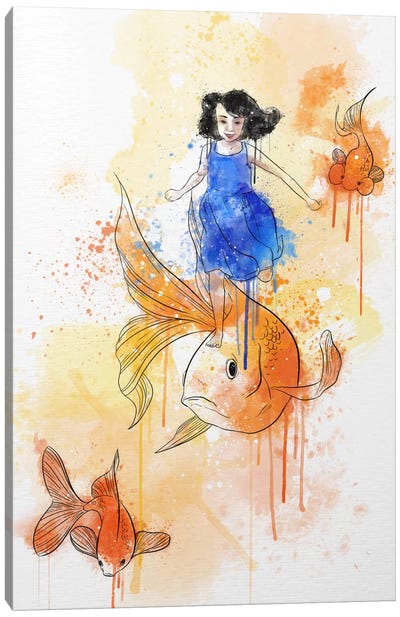 Koi and Young Girl Canvas Art Print - Sea Life Art