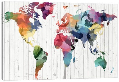 Wood Watercolor World Map Canvas Art Print - Maps & Geography
