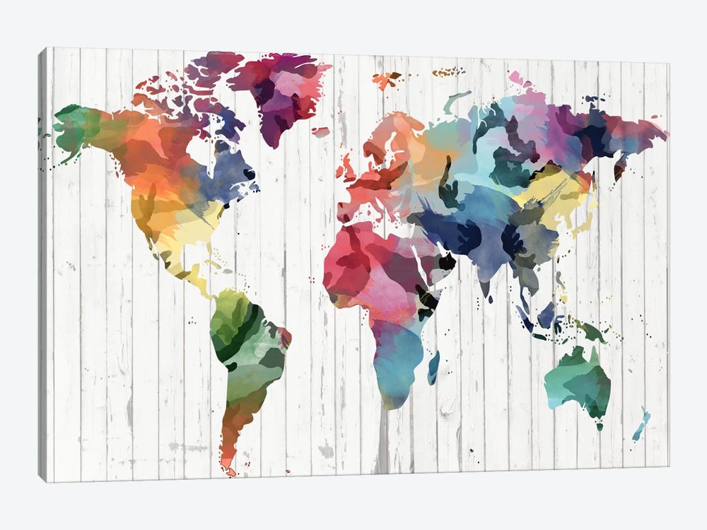 Wood Watercolor World Map by Unknown Artist 1-piece Canvas Artwork