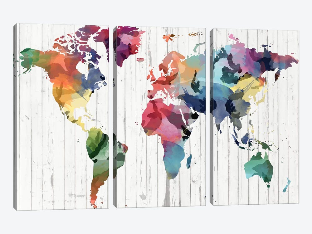 Wood Watercolor World Map by 5by5collective 3-piece Canvas Artwork