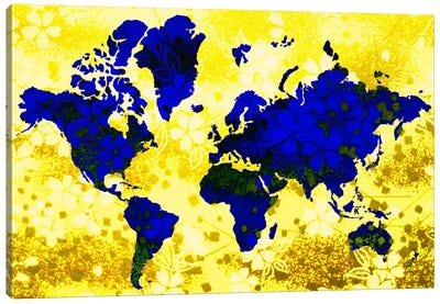 Floral Earth Map Canvas Art Print - Blue & Yellow Art