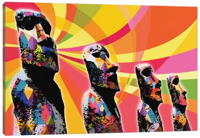 Easter Island Moai Heads Psychedelic Pop Canvas Art Print - Sculpture & Statue Art