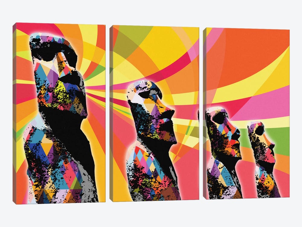 Easter Island Moai Heads Psychedelic Pop by 5by5collective 3-piece Canvas Artwork