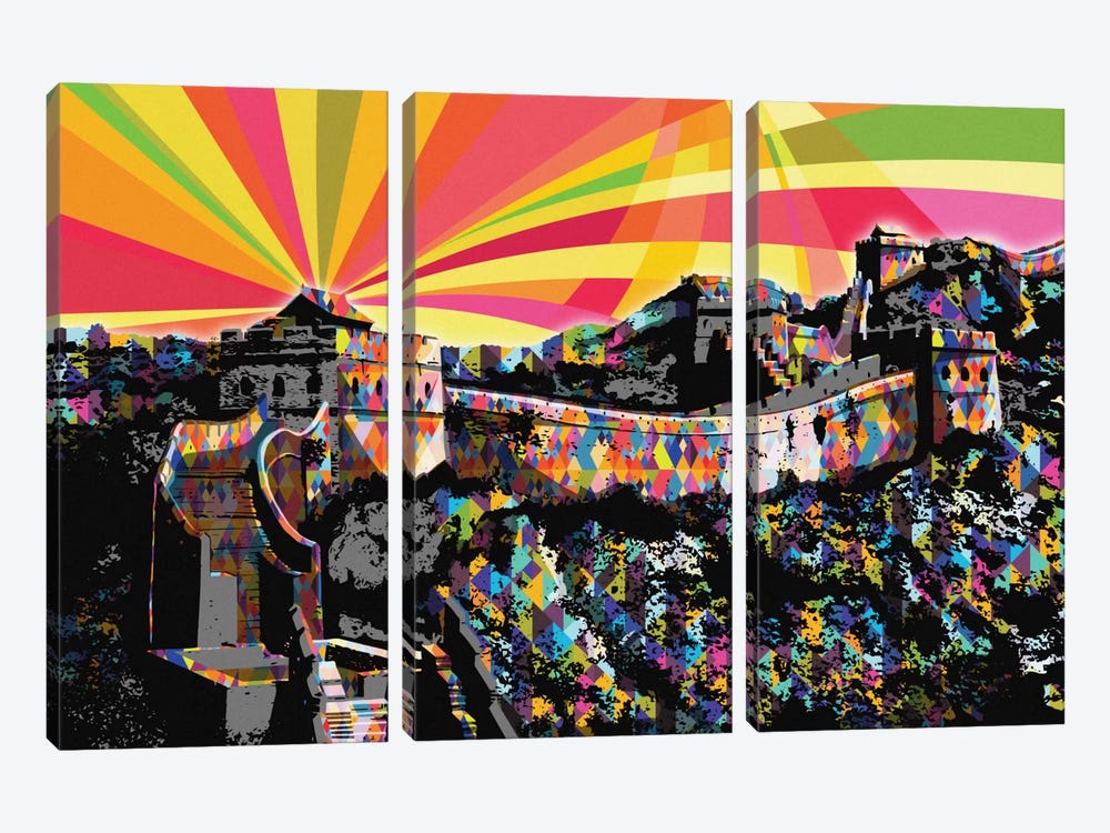 Great Wall of China Psychedelic Pop by 5by5collective 3-piece Canvas Print