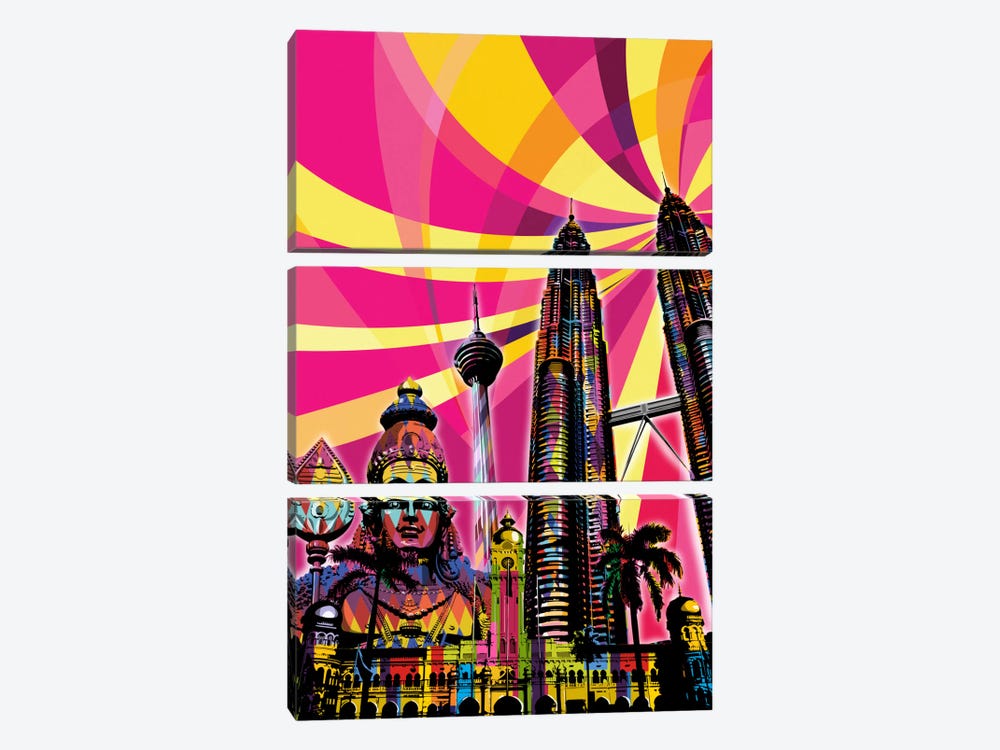 Kuala Lumpur Psychedelic Pop by 5by5collective 3-piece Canvas Art Print