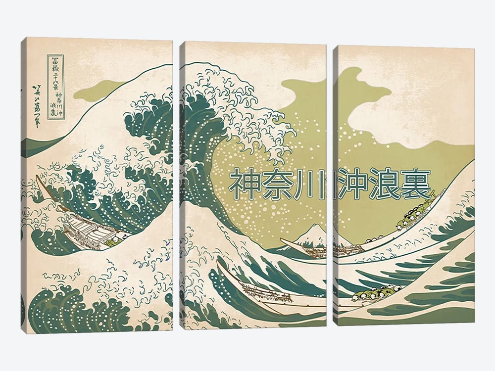 Japanese Retro Ad-The Great Wave #2 3-piece Canvas Print