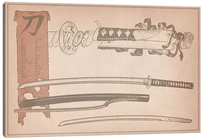 Red Banner Samuria Sword Diagram Canvas Art Print - Dangerous Blueprints