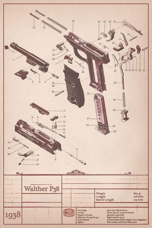 Walther P38 Diagram by 5by5collective wall art