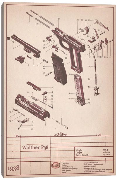 Walther P38 Diagram Canvas Art Print - Weapons & Artillery Art